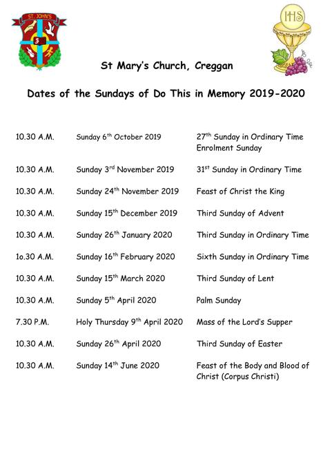 Dates of the Celebrations for Do This in Memory 2019-2020