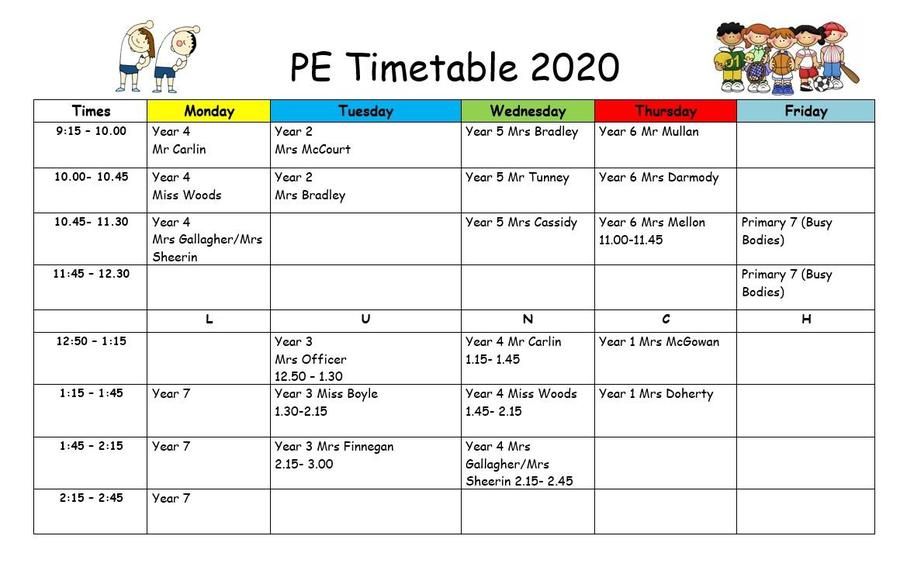 P.E Timetable 2020