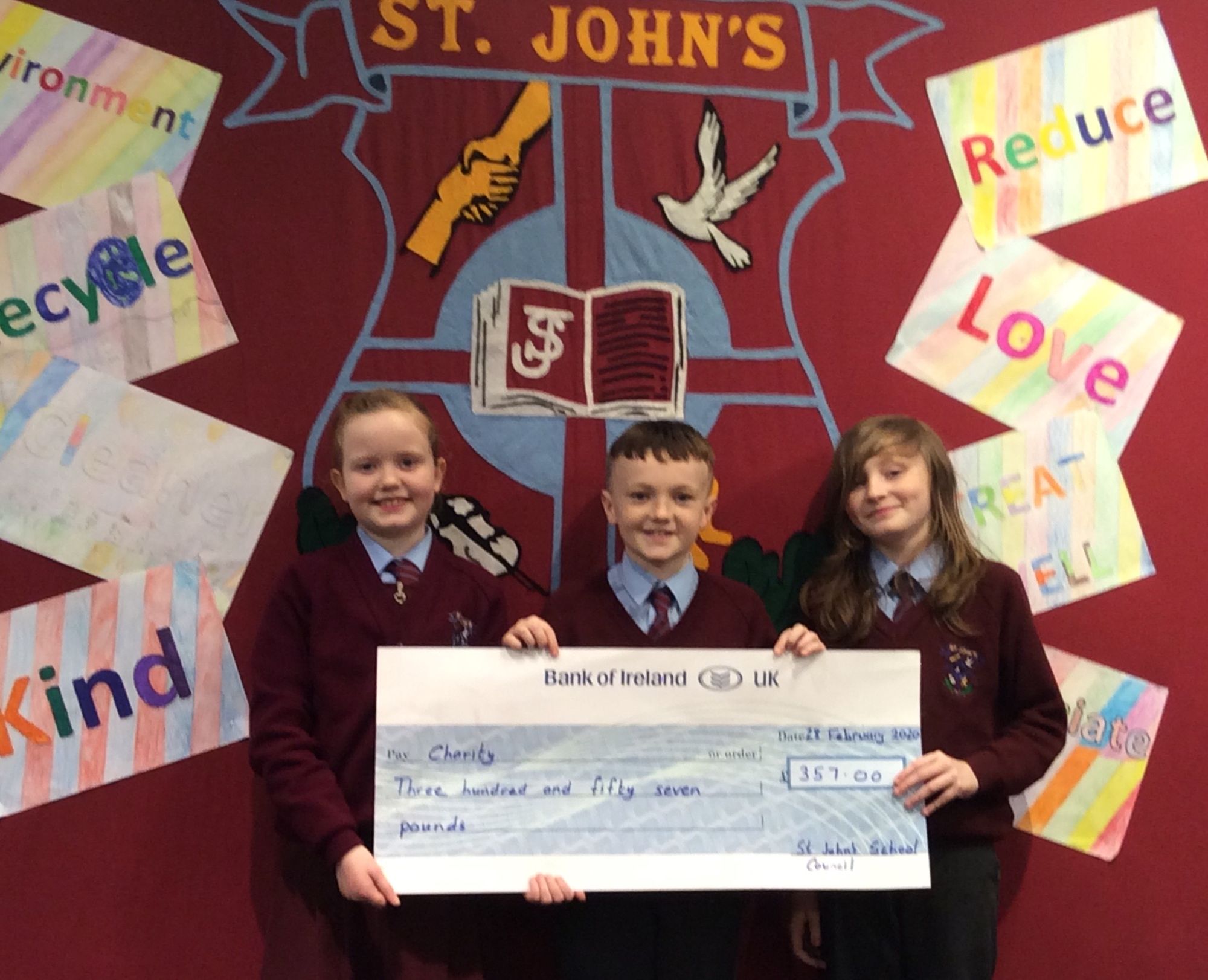 Noah, Cahir & Cara presented Mrs O'Connor with a cheque for charity with funds raised from or recent Valentine's Day Event.