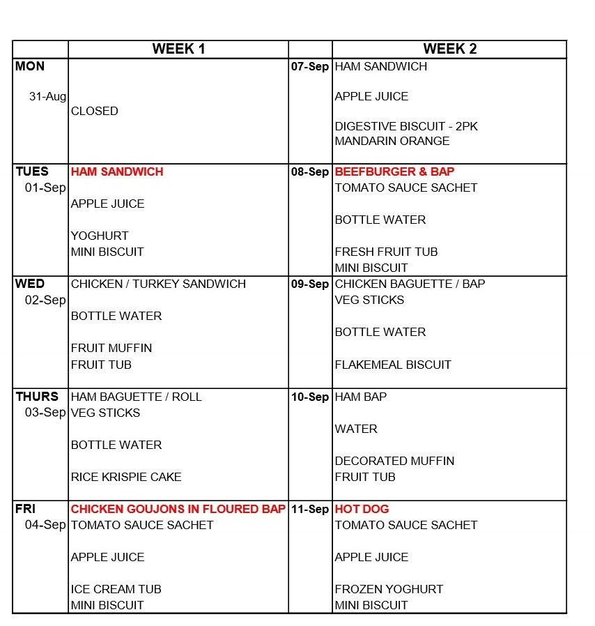 Packed Lunch Menu