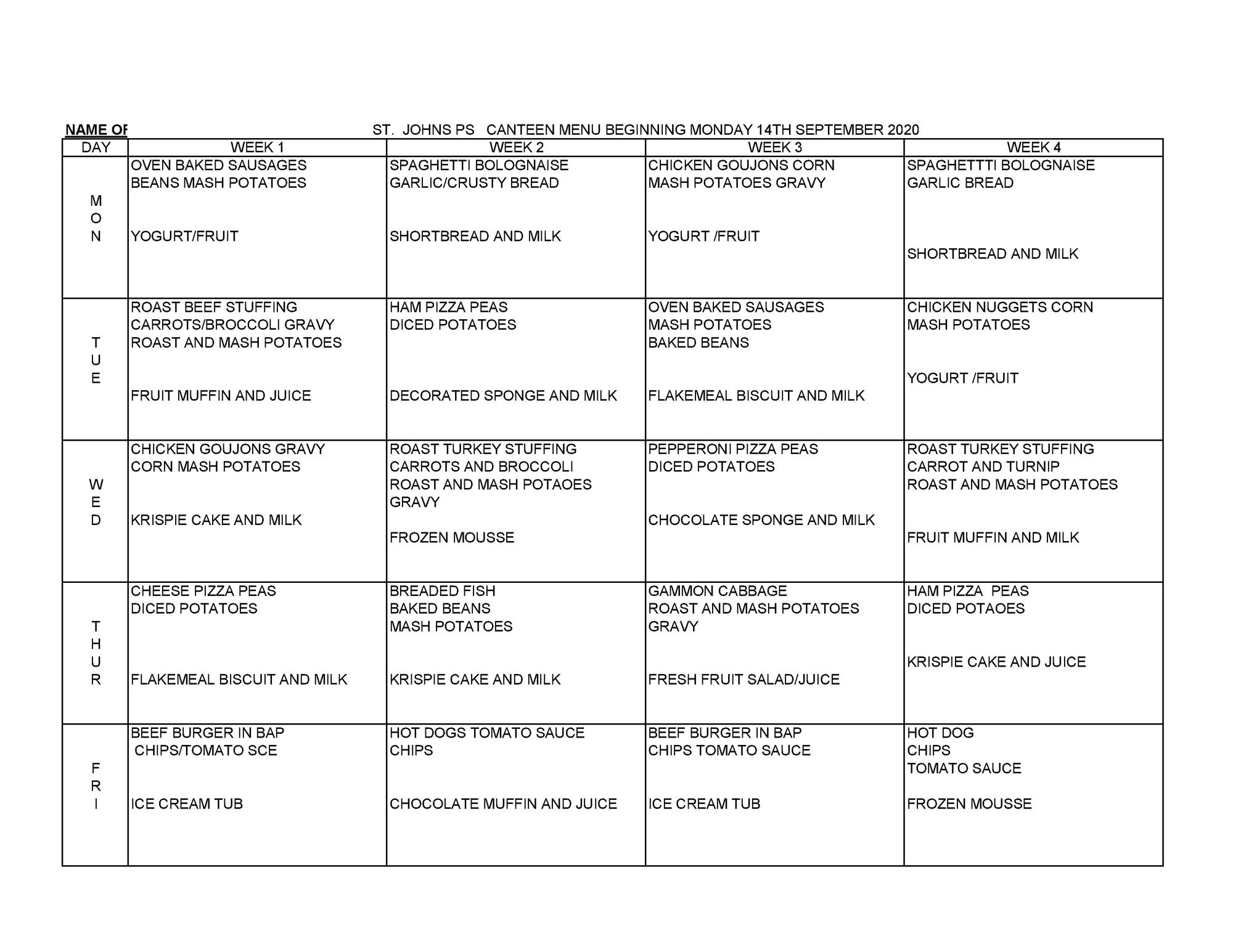 Menu September 2020