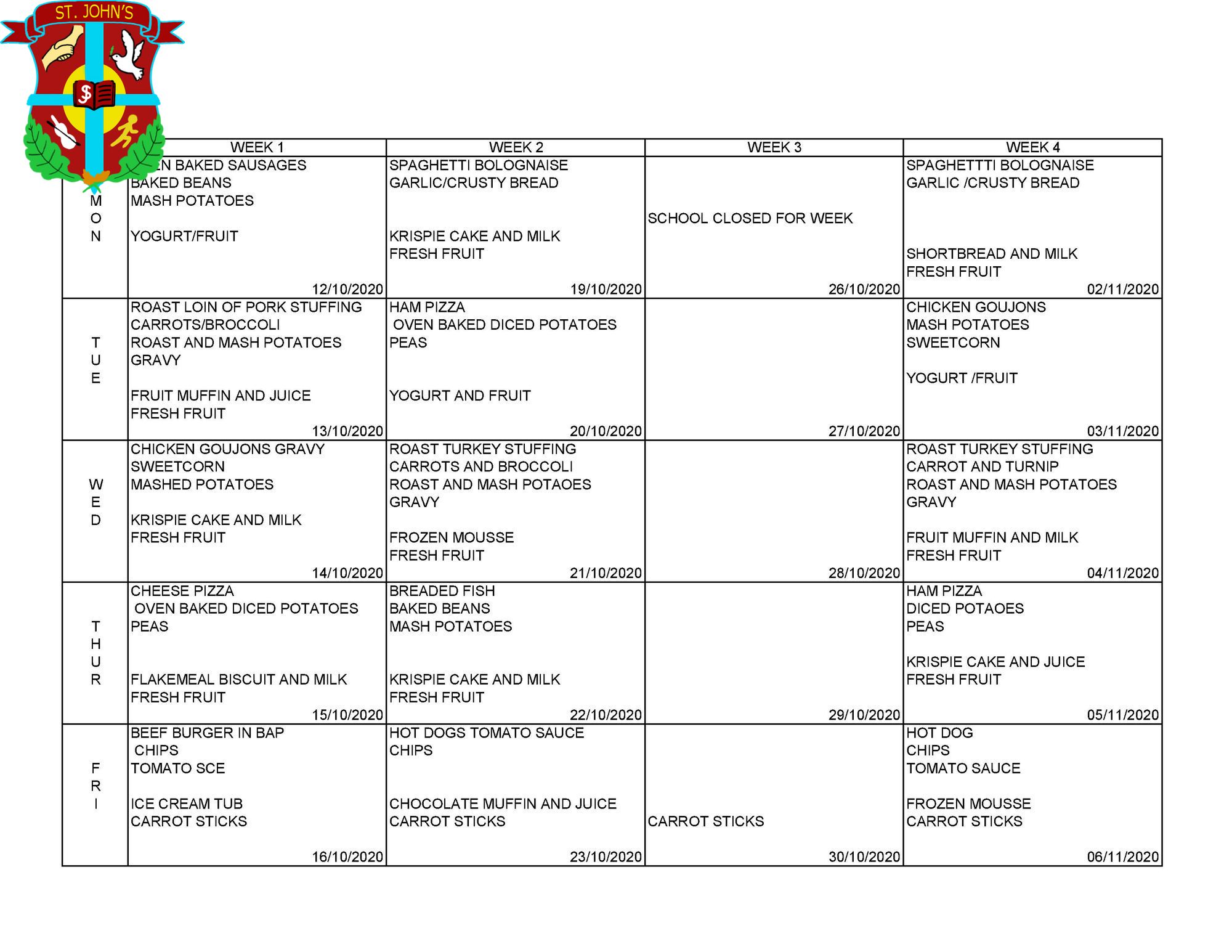 October Canteen Menu 2020