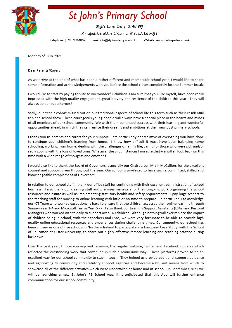 Principal's Letter 05/07/2021