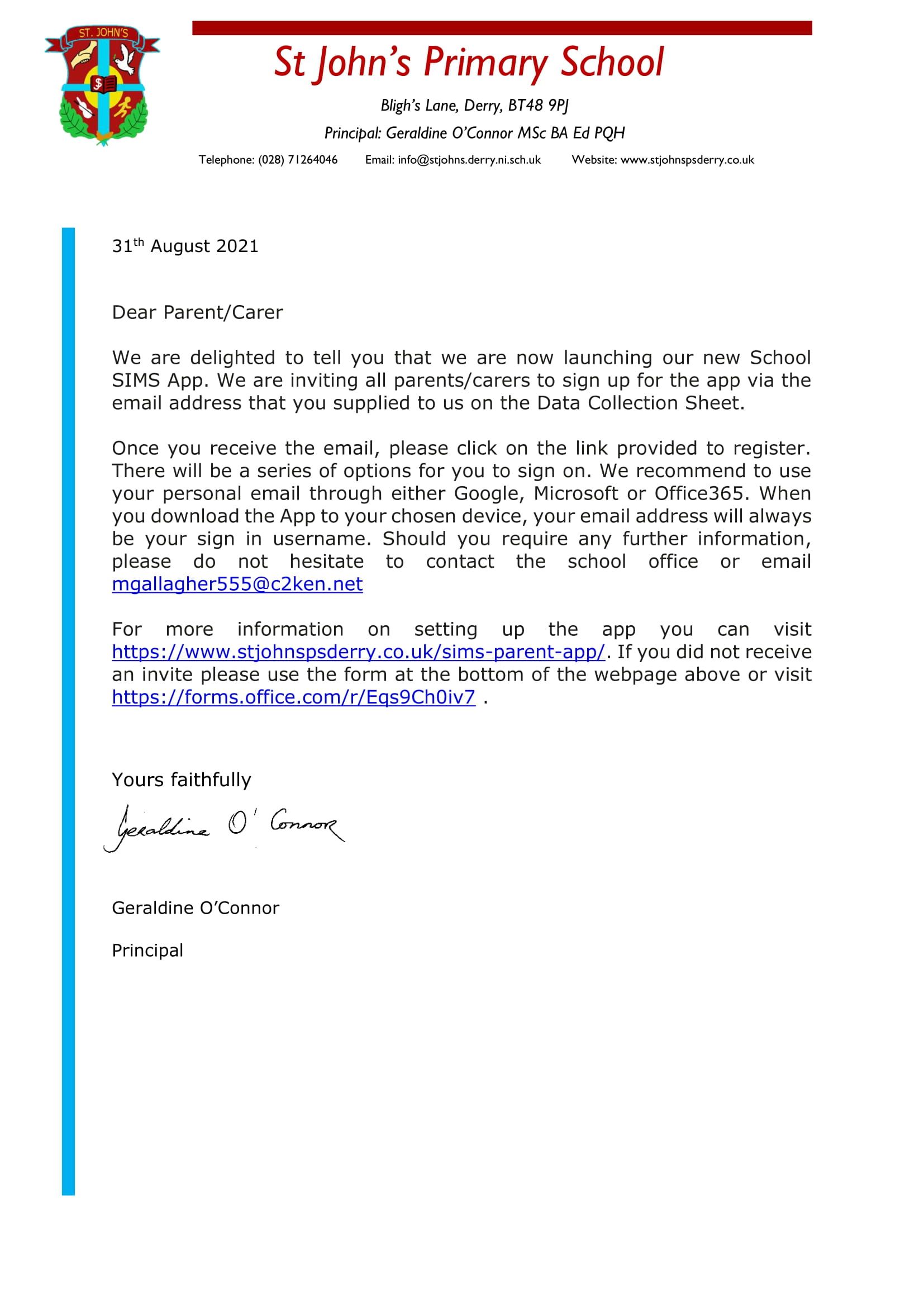 SIMS Parent App Letter