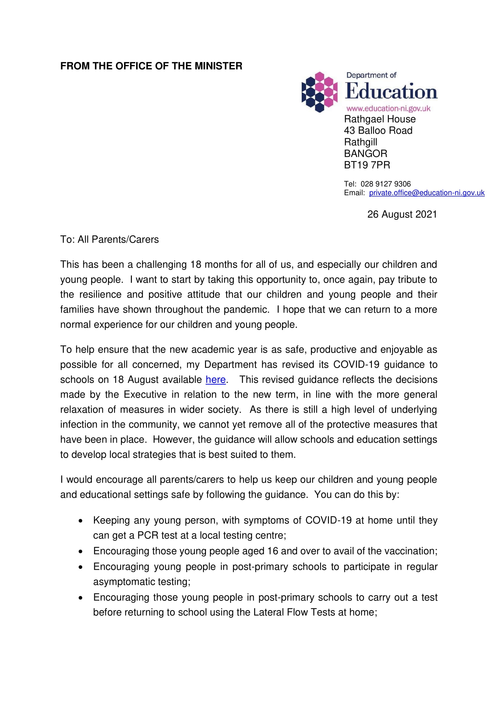 Letter to Parents and Carers from Minister of Education