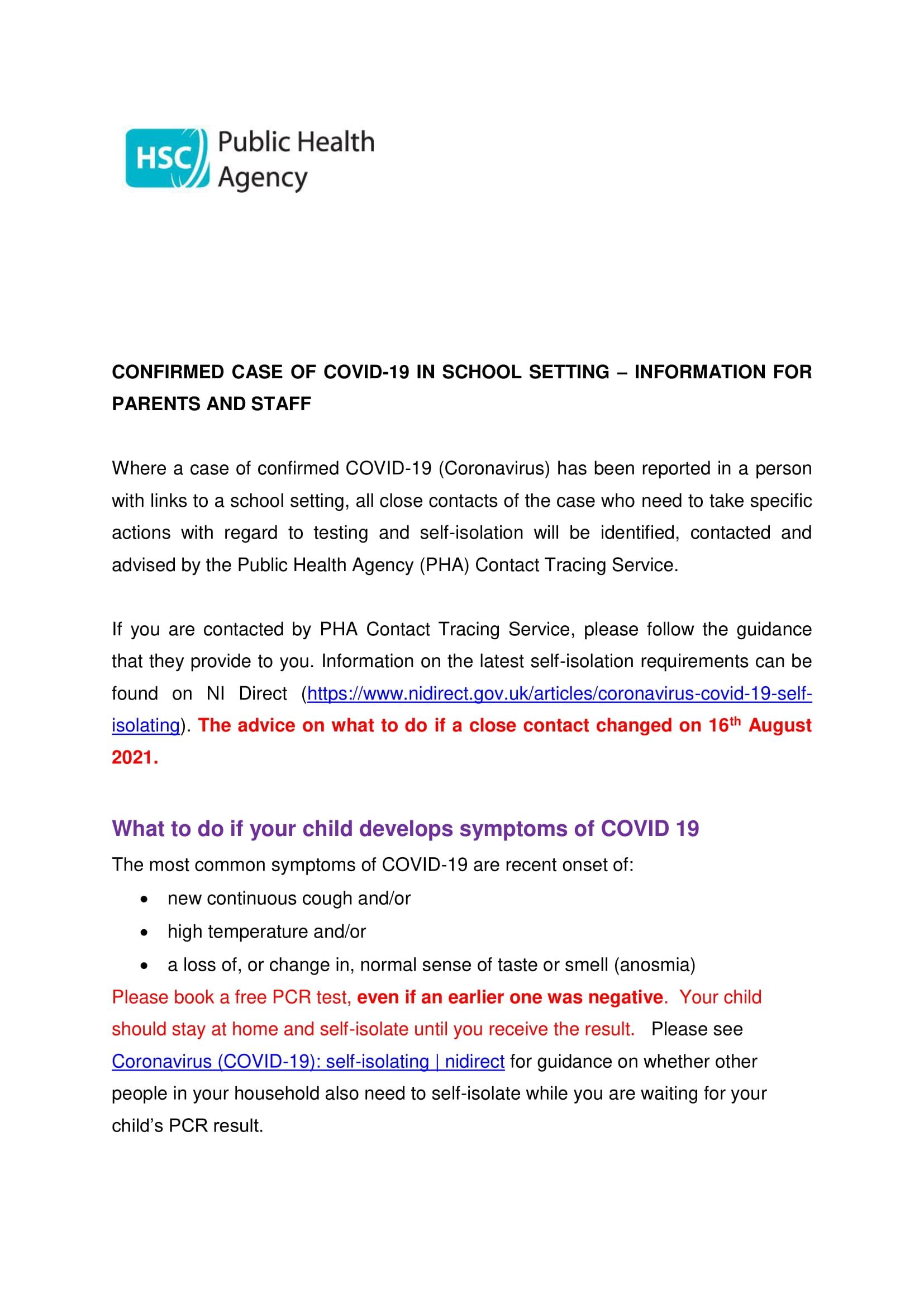 Information for Parents and Staff - Confirmed Case Alert Letter