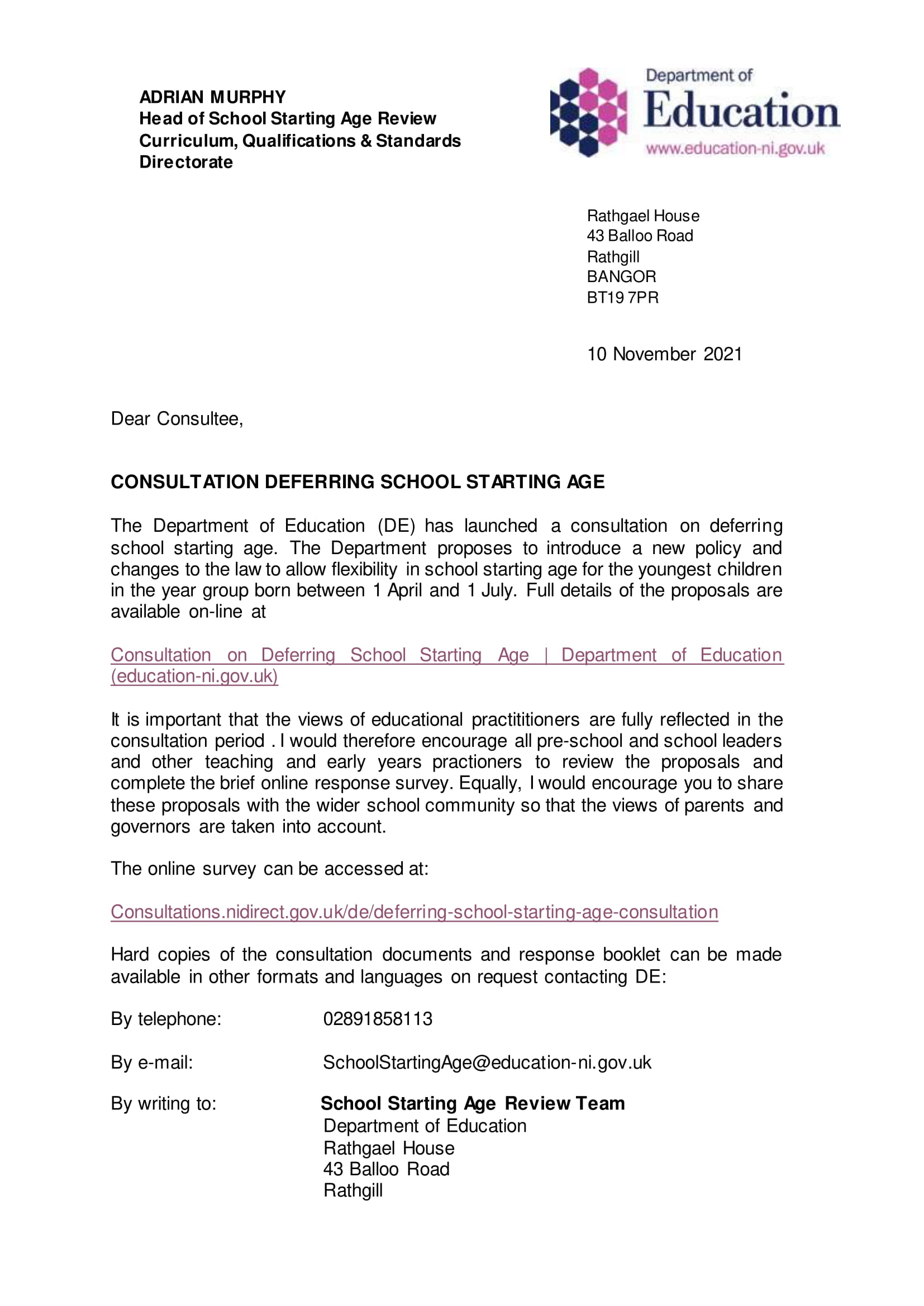 DofE - Letter to Consultee - Consultation on Deferral of School Starting Age