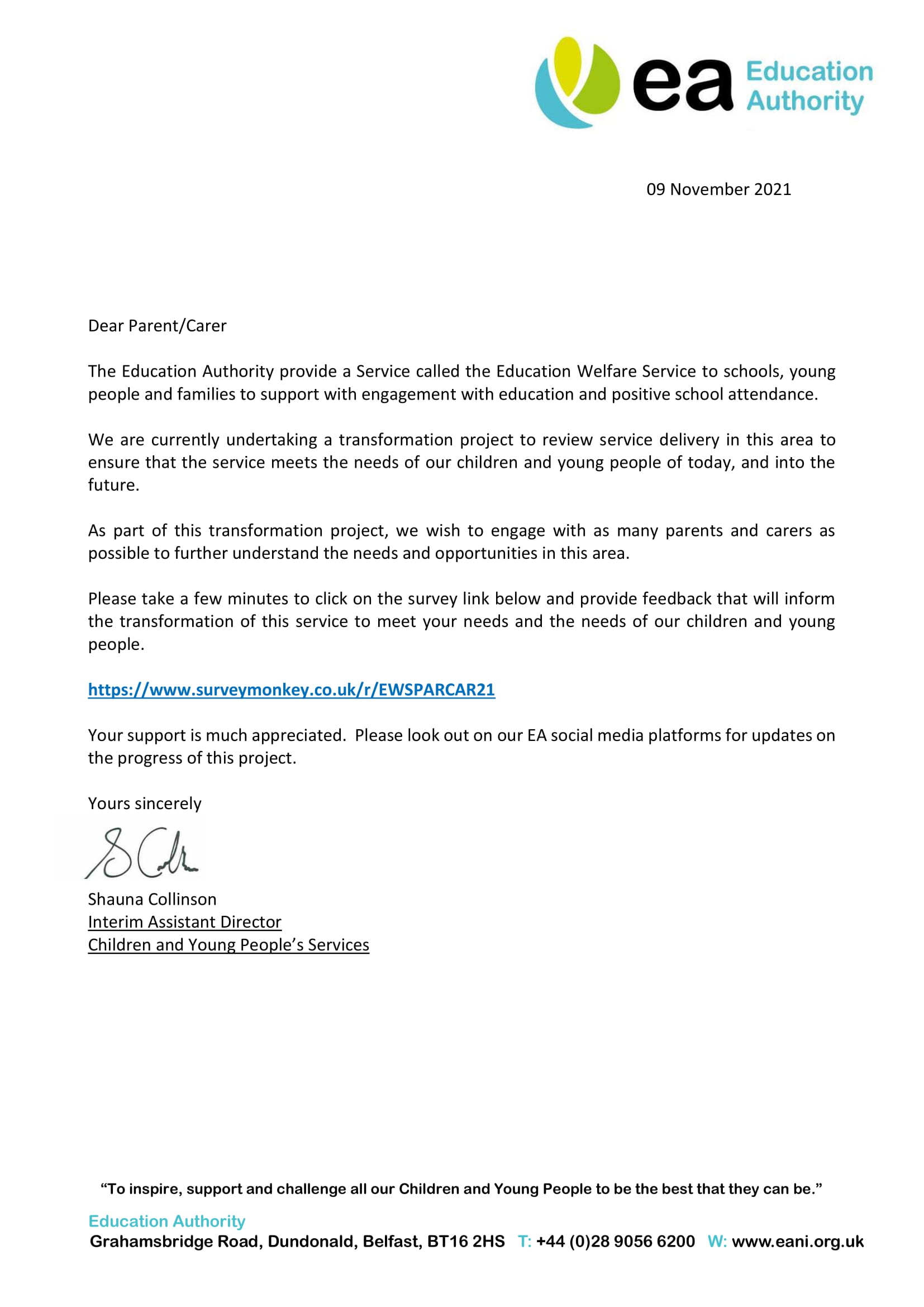 Letter to Parents/Carers on Education Welfare Service transformation