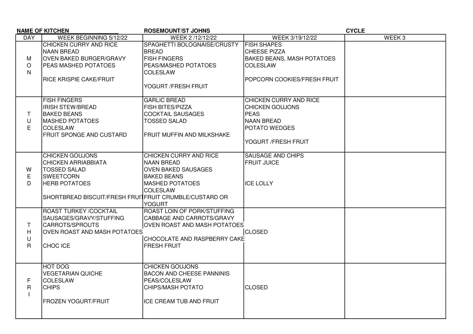 December Menu 2022