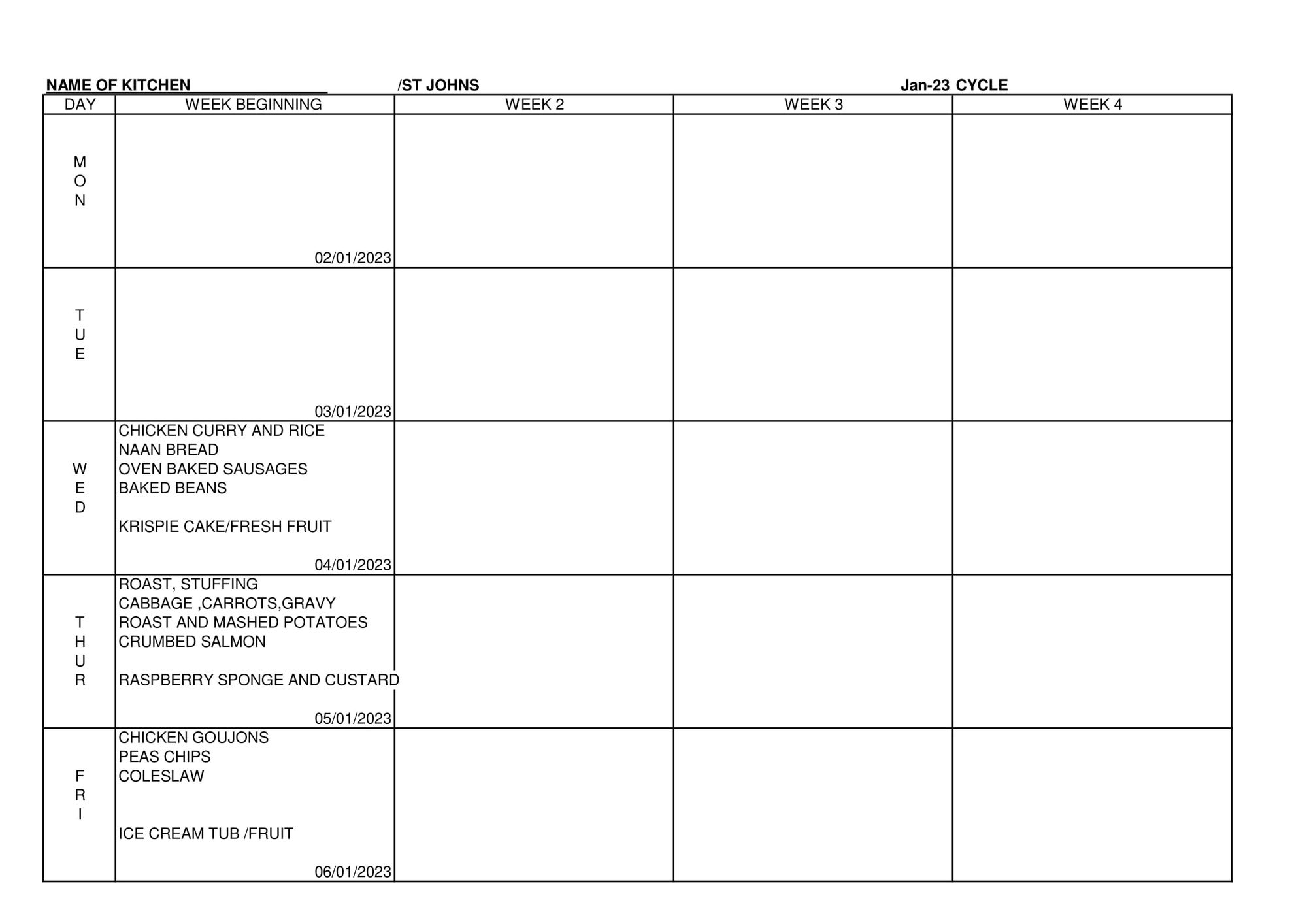 Menu 4th-6th January 2023