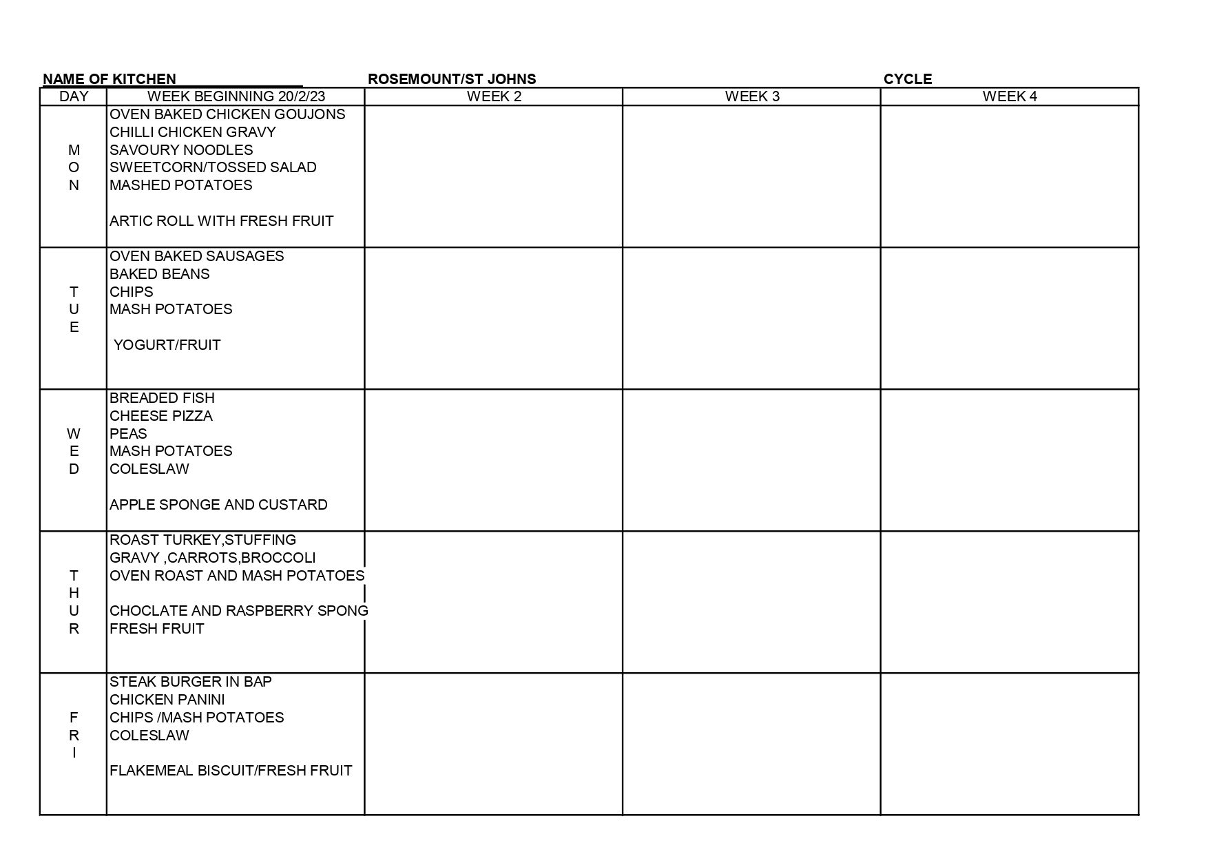 Canteen Menu 20th February 2023