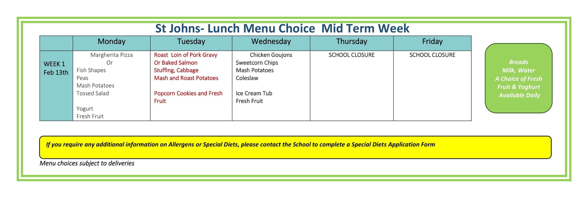 Canteen Menu 13/02/2023