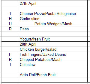 Canteen Menu 27th & 28th April
