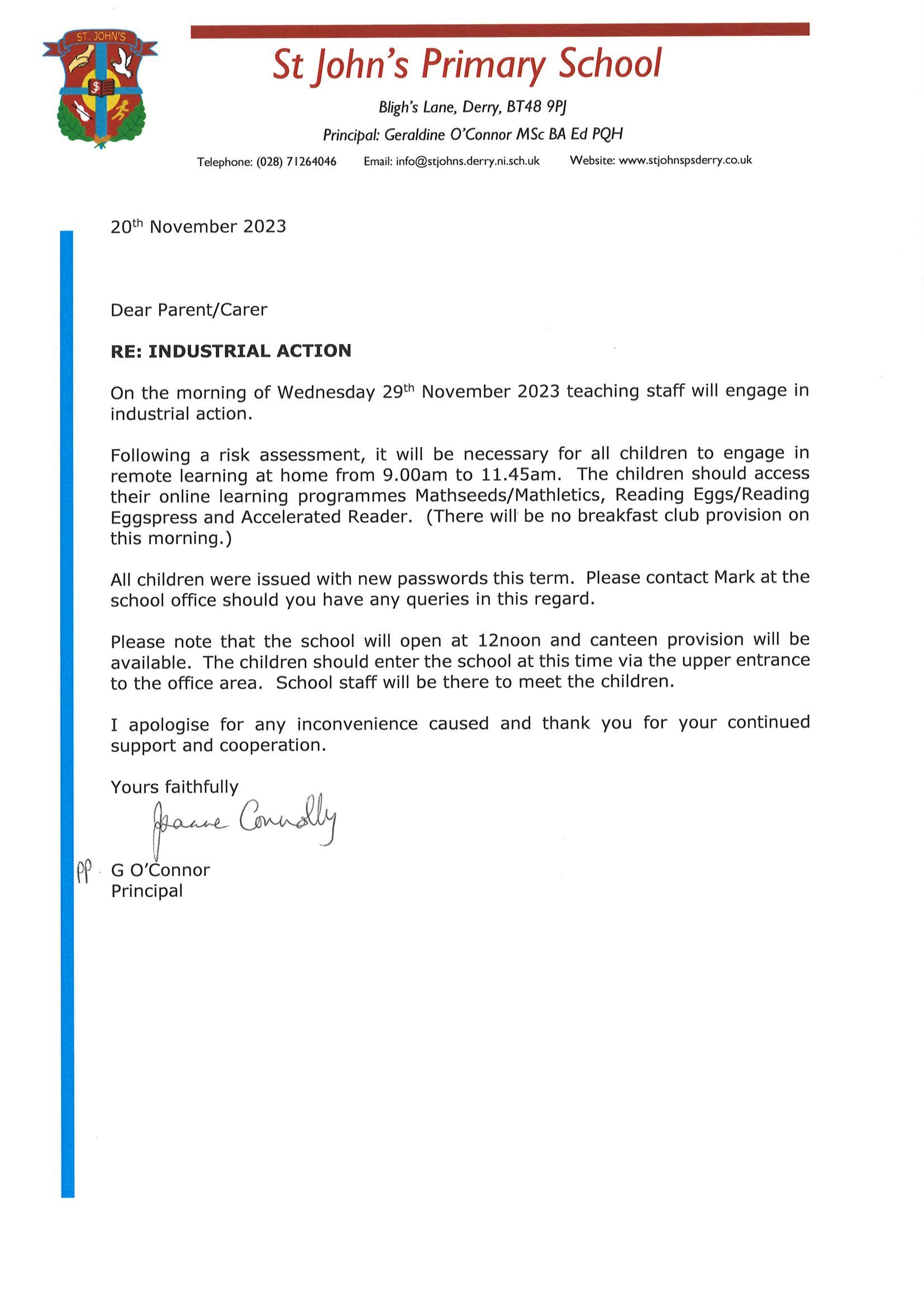 Teaching Staff Industrial Action 29/11/2023