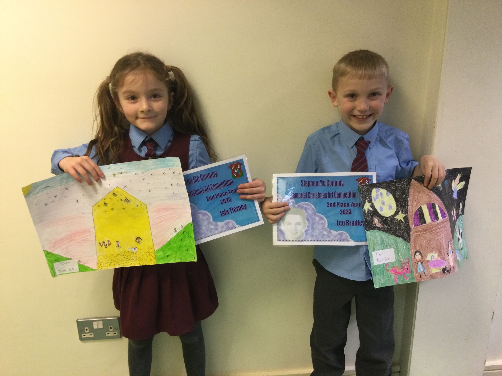 The year 3A winners of the Stephen Mc Conomy Christmas art competition.