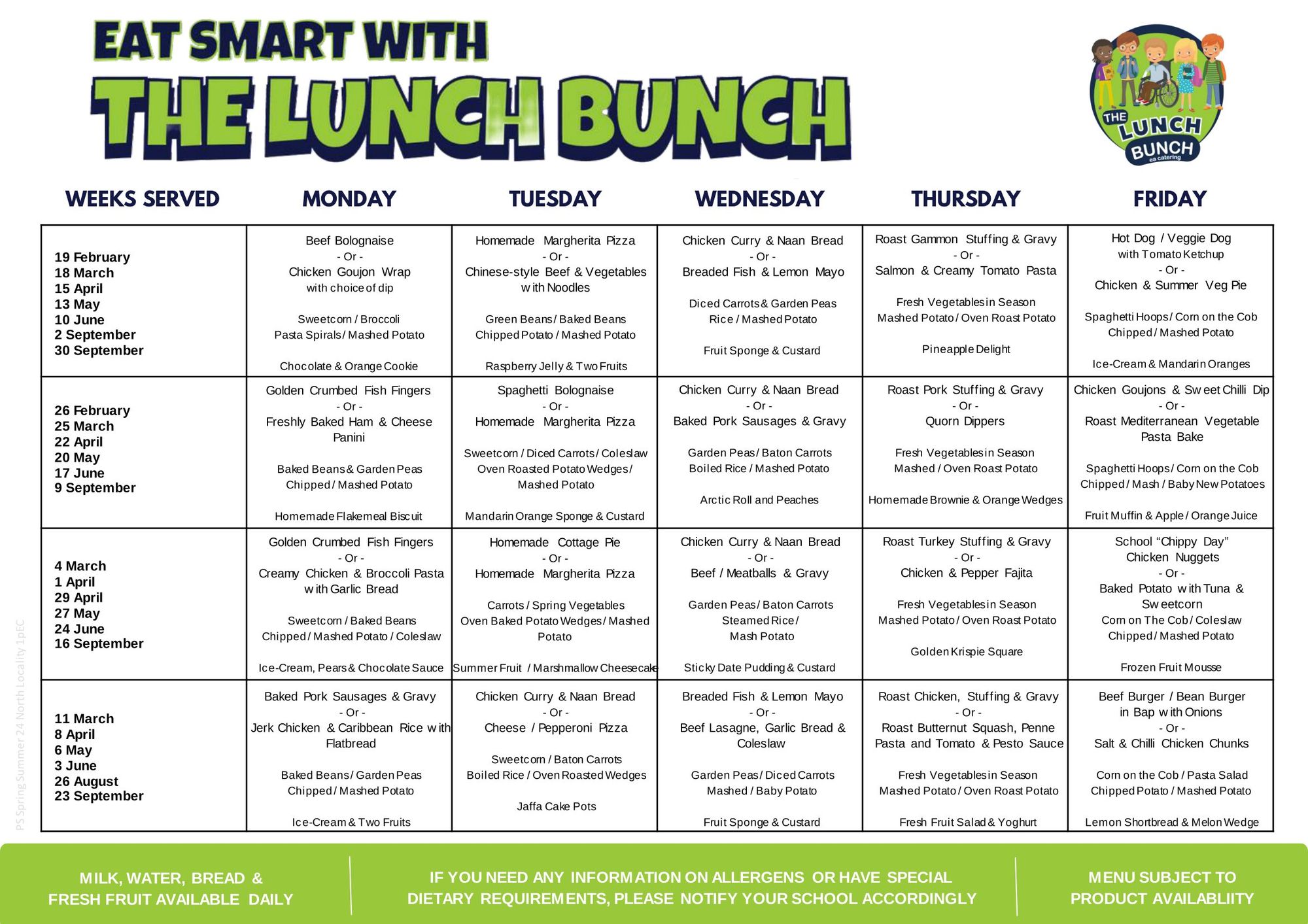 Canteen Menu 19/02/2024 to 28/06/24