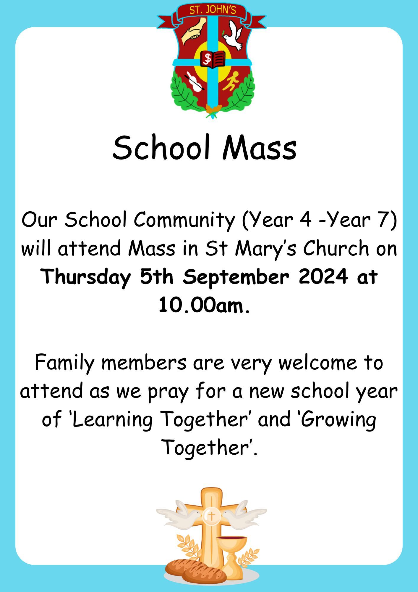 School Mass Thursday 5th September 2024 at 10.00am St Mary's Church.