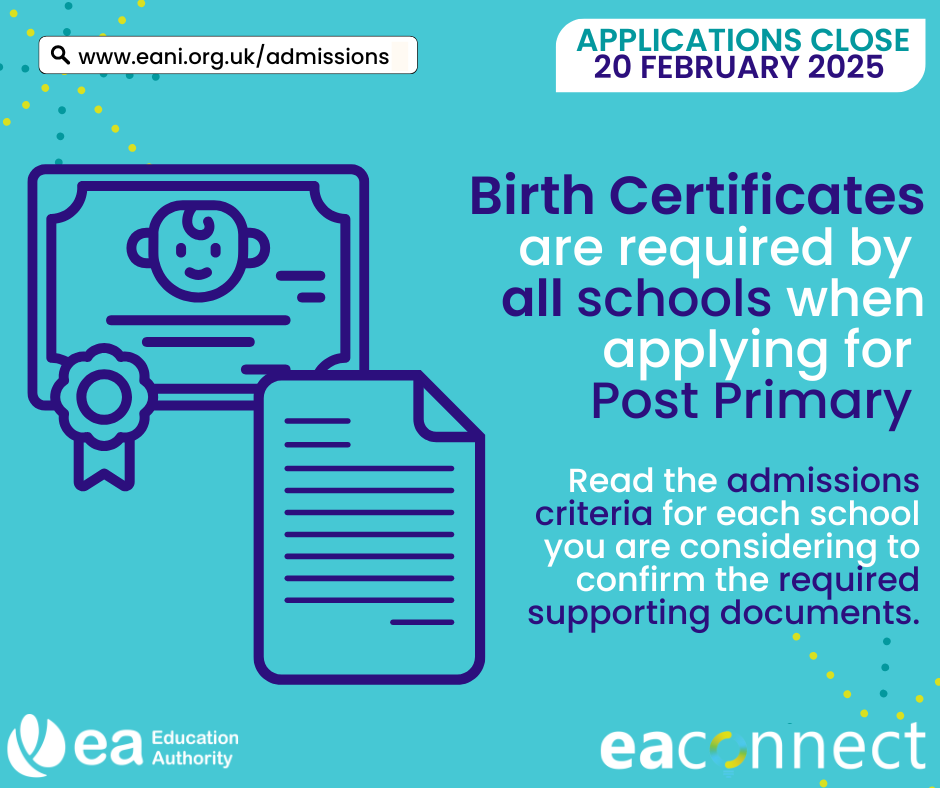 Applications for a post primary place for September 2025 are currently open via EA Connect!