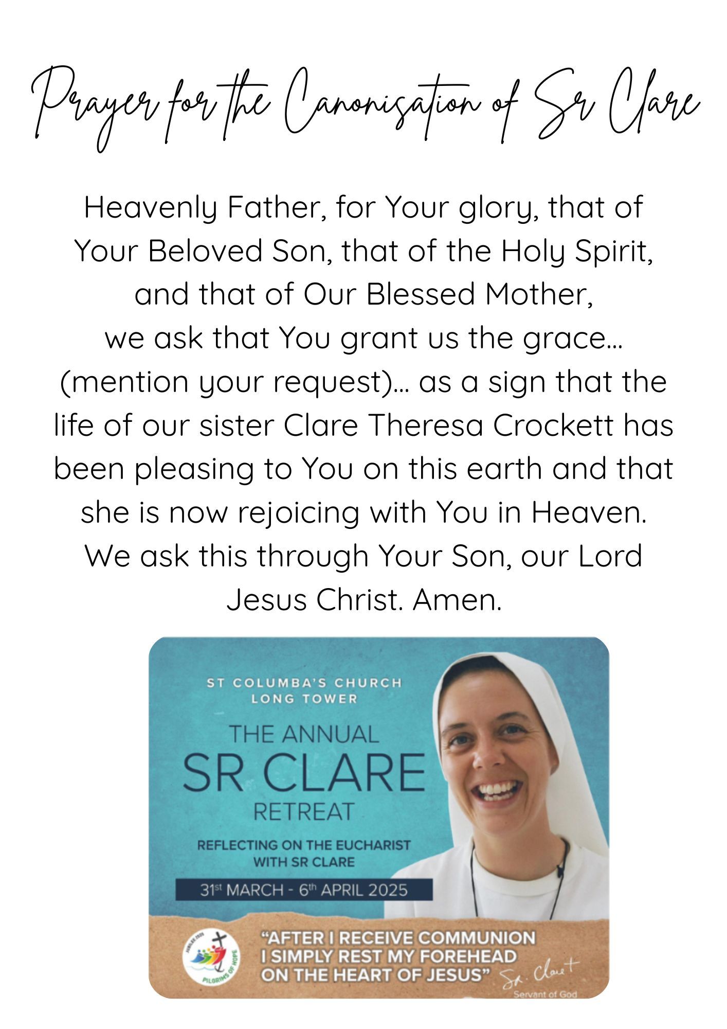 Prayer for the Canonisation of Sr Clare