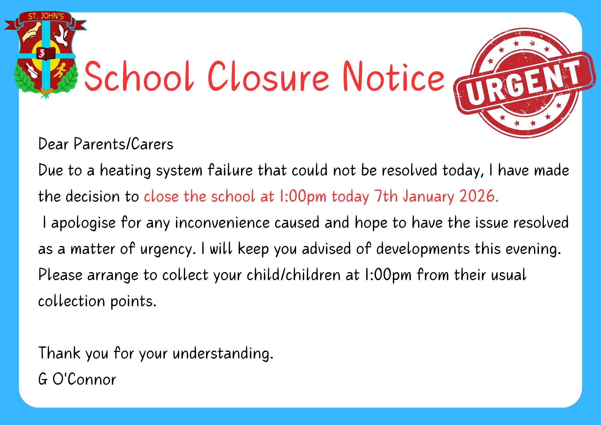 Urgent School Closure Notice