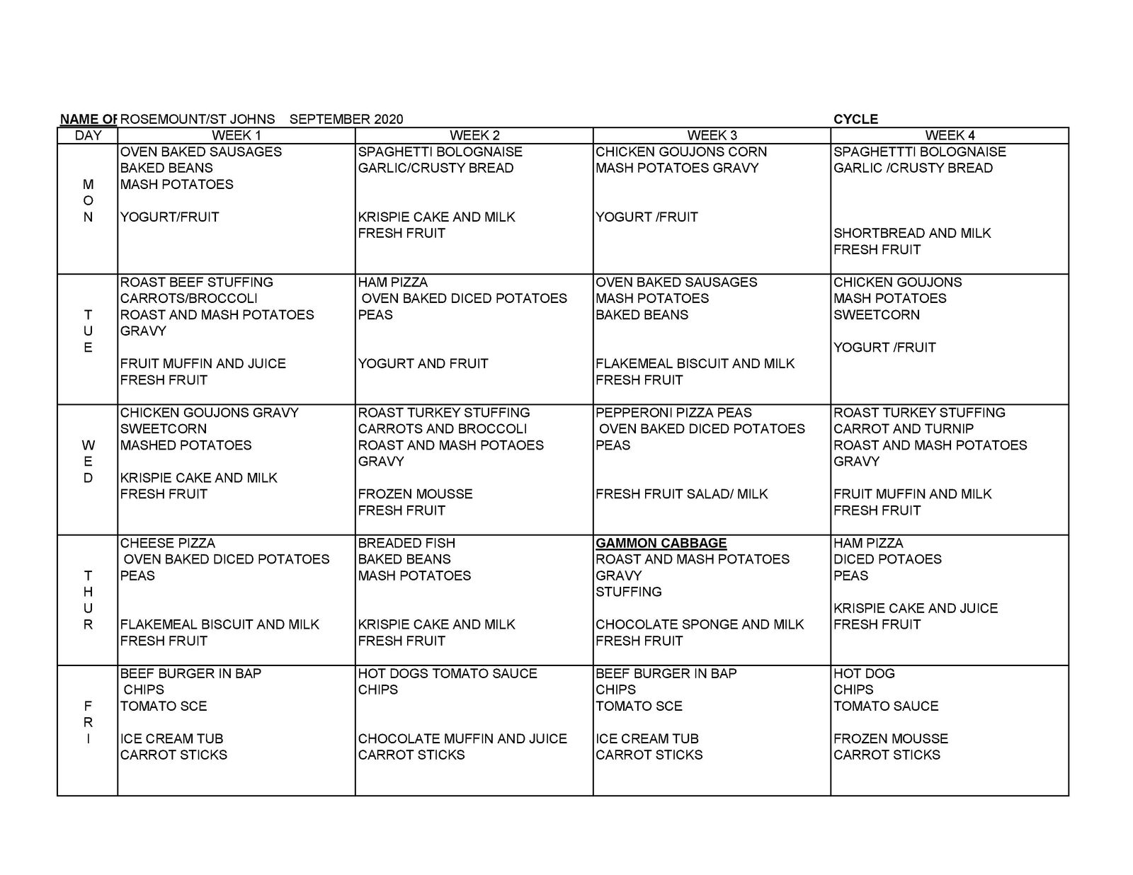 September Canteen Menu 2020