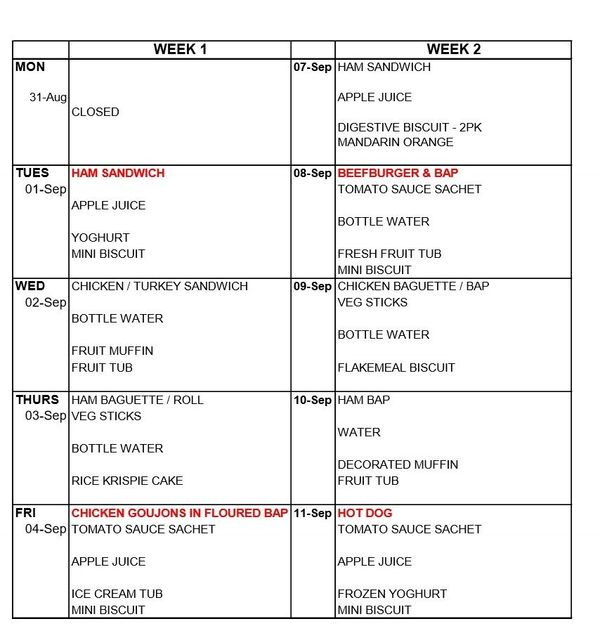 Packed Lunch Menu
