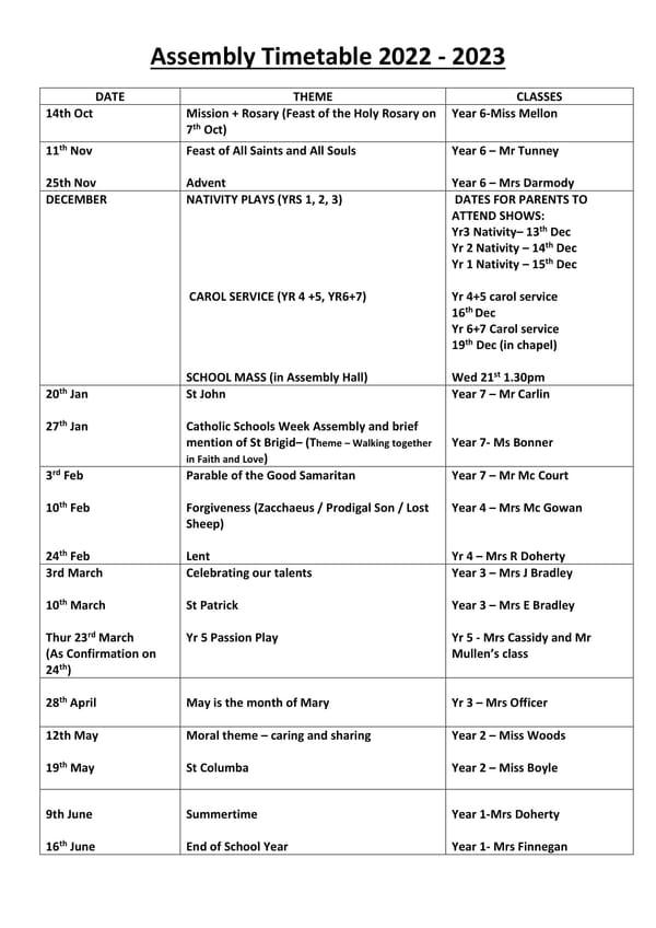 Assembly Timetable 2022 - 2023