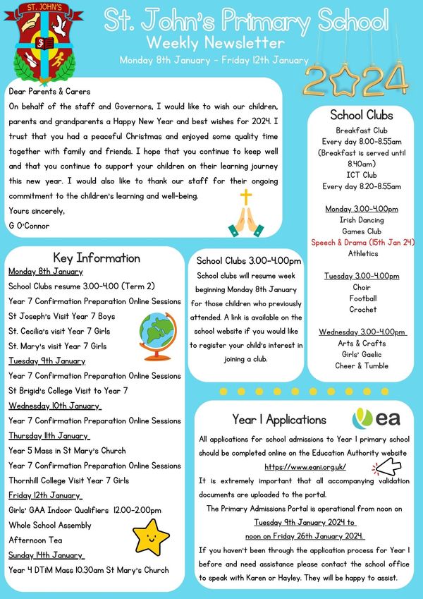 Week Beginning Monday 8th January 2024