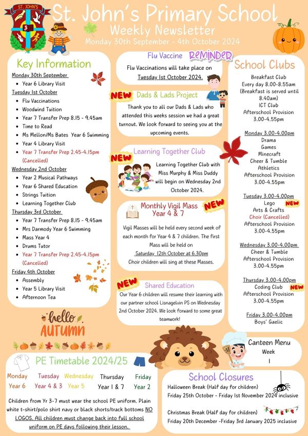 Weekly Newsletter Monday 30th September 2024