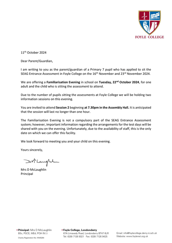 SEAG Foyle College Familiarisation Evening 22nd October 2024