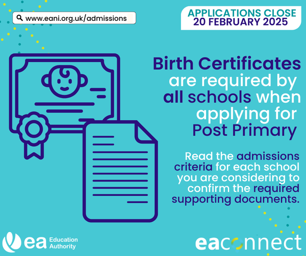 Applications for a post primary place for September 2025 are currently open via EA Connect!