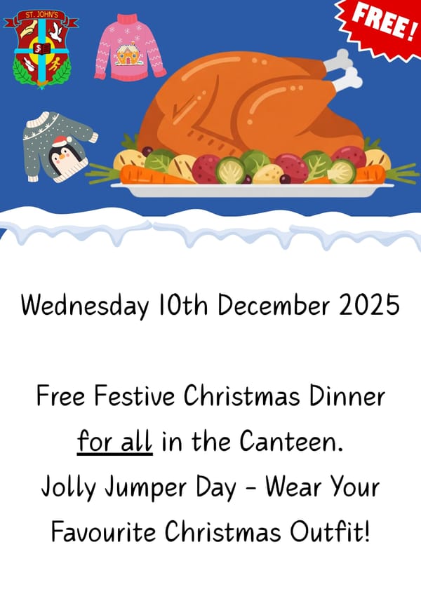 Reminder: Free Christmas Dinner for all & Jolly Jumper Day!