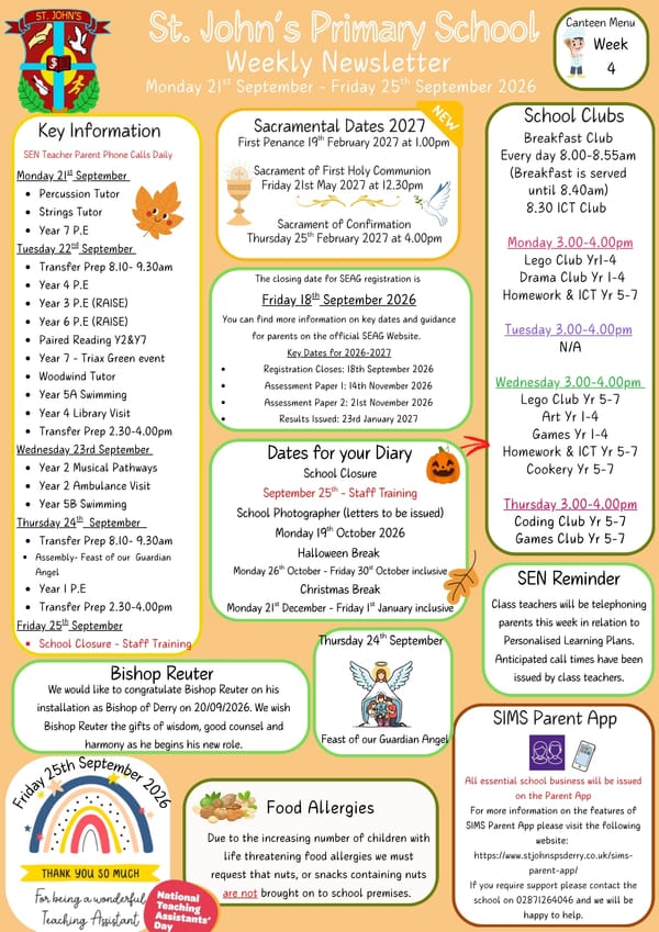 Weekly Newsletter Monday 21st September 2026